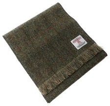 Sciarpa Harris tweed verde spina di pesce - fatta a mano pura lana, unisex, frange