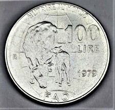 Italia 100 Lire 1979 F A O AIUTO MONDIALE ALLA FAME "Mucca con vitello" st/unc + MDM-Info