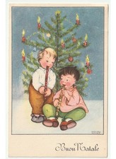1956 Bosisio cartolina natalizia d'epoca albero di Natale bambini musica flauto