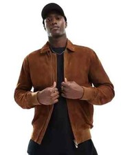 Giacca bomber uomo nuova scamosciata marrone pura pelle fatta a mano pelle di agnello vera biker