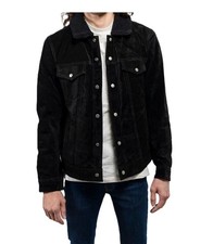 Giacca camionista uomo vera pelle scamosciata nera con collo in pelliccia...