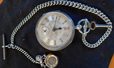 stupendo orologio taschino con grossa catena argento credo inglese con bussola