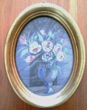 PITTURA FLOREALE A TEMPERA MONTATA IN CORNICE OVALE DORATA FINE '800 INIZIO '900