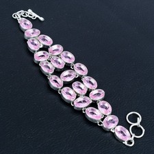 Bracciale Gioielli Etnico Argento Sterling 925 Gemma Ovale Kunzite Rosa 8" VJ...