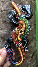 Decorazione legno intagliato a mano geco arte lucertola dipinta targa arrampicata parete polka 7,75 in