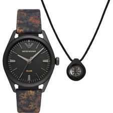 Orologio Solare + Collana Uomo EMPORIO ARMANI AR80056 Pelle Nero Bussola