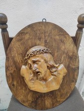 Testa Di Cristo In Legno Di Ulivo Degli Anni 30 Su Ovale In Radica