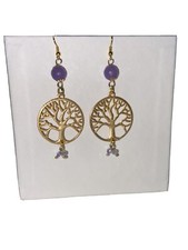 Orecchini pendenti albero della vita colore oro  e pietra lilla gioielli