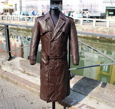 Trench in Pelle Marrone Vintage Anni '70 Doppiopetto con Cintura taglia S