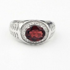 Naturale Granato Gemma Con 14K Placcato Oro Bianco Anello Argento per Uomo AJ785