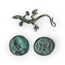 Lotto geco e 2 monete bronzo vintage decorativi Metallo Bronzo Ottone Anticati