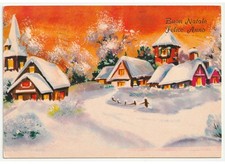 1980 cartolina vintage auguri di Buon Natale strada paese innevato