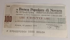 numismatica assegno circolare - 100 Lire - Banco Polopare di Novara 1977