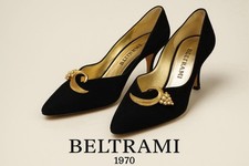 BELTRAMI tacco vintage anni 70 nero scamosciato dettaglio foglia oro e perla TG 6 ITALIA