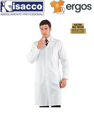 Isacco CAMICE Medico Lungo Bianco 100% Cotone Satin Manica Lunga Bottoni Tasche