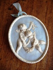 Piastra ceramica Triade PBB ovale con angioletti putti azzurro e bianco vintage