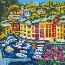ATHOS FACCINCANI 40x40 serigrafia su cartone " Portofino e luce sul porto "