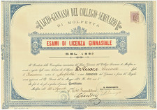 MOLFETTA DIPLOMA GINNASIO COLLEGIO SEMINARIO 15.08.1888 ATTESTATO