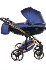 PASSEGGINO Trio JUNAMA DIAMOND FLUO  3 In 1  BLU e Nero , Telaio ORO