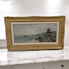 Carlo Brancaccio olio su tela Panorama marina Napoli firmato 69,5x32,5 cm