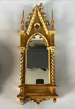 ANTICO SPECCHIO CORNICE a EDICOLA GOTICA LEGNO ORNATO INTAGLIATO FOGLIA ORO '800