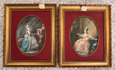 Set 2 Riproduzione Vintage Quadro Dagoty Imbottito Satinato Fodera Ovale + Cornice Oro