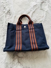 Borsa tote Hermes in tela a righe arancioni navy