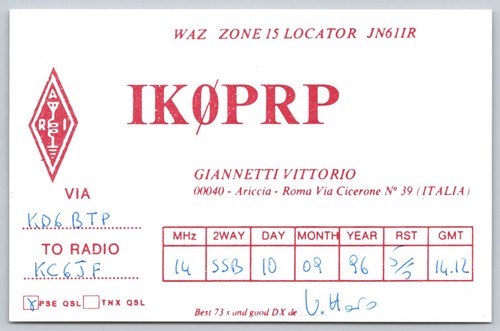 Scheda qsl 1996 - scheda, ariccia