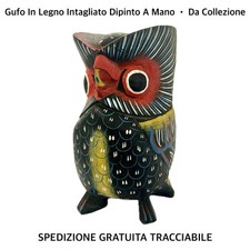 Gufo In Legno Colorato Scolpito Fatto A Mano • Soprammobile • Arte Vintage
