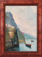 Eugenio Magno Paesaggio della Costiera Amalfitana con Barche Dipinto ad Olio