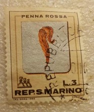 FRANCOBOLLO-REPUBBLICA SAN MARINO-STEMMA PENNA ROSSA-3 LIRE 1968 RARO