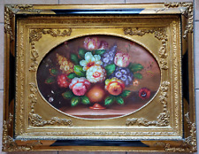 Dipinto classico olio su tela natura morta fiori ovale in cornice dorata