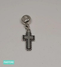 Charm Ciondolo Per Bracciale in Acciaio Tono Argento Silver Croce Rosario
