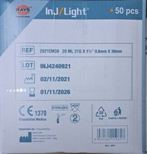 50 PEZZI SIRINGA RAYS 20 ML SIRINGHE SIRINGHE 20 ML ANALISI SANGUE 21G X 1 1/2