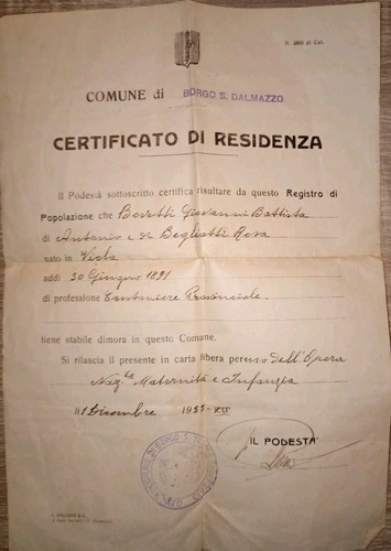 Certificato residenza 1933 - certificato, di