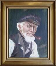 Simpatico bel ritrattto di vecchio marinaio con pipa olio tavola anni '70 firma