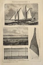 1897 Stampa Antica =IMBARCAZIONI E RETI DA PESCA = Nautica = Old Print #