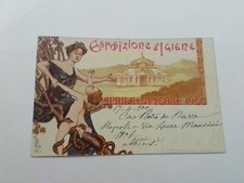 Cartolina Pubblicitaria Esposizione d'igiene Napoli 1900 Donnina Liberty 