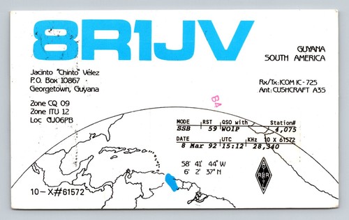 Radioamatore qsl 8r1jv - 8r1jv, guyana