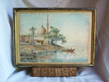 Quadro Antico Orientalista Acquerello Bordo Nilo Moschea Egitto Louis Crapelet