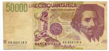 50000 LIRE FALSO D'EPOCA LORENZO BERNINI II TIPO LETTERA H FINE ANNI '90 MB+