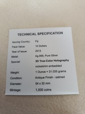 Moneta 2013 1 oz argento $10 Fiji l'anno del serpente SALUS SERPENT