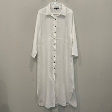 Charlie B camicia lino abito donna XL bianco midi rotolo linguetta manica Lagenlook Italia