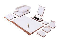 Star Luxury Set Scrivania Pelle e Legno 11 Pezzi con Doppio Vassoio Organizzatore Scrivania Bianco