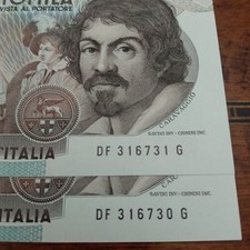 2 BANCONOTE CONSECUTIVE 100000 LIRE CARAVAGGIO 1° TIPO FDS LETTERA "F" LOTTO