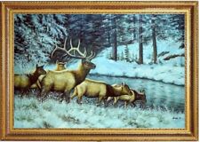 Quadro olio cervo e capriolo al fiume in inverno, dipinto a mano olio, F:60x90cm