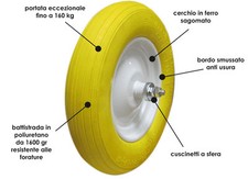 RUOTA CARRIOLA ANTIFORATURA GOMMA PIENA PU CON CUSCINETTI A SFERA ASSE CORTO