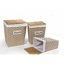 TRIS CESTE PORTABIANCHERIA IN VIMINI E TESSUTO HOME BIANCO E LEGNO NATURALE