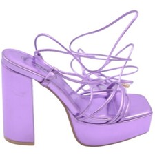 Sandali donna laminato viola con plateau tacco largo lacci alla schiava comodi p