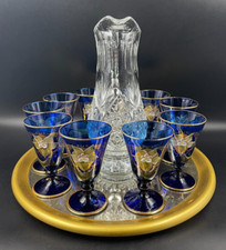 Set servizio VINO Bottiglia Brocca 10 Calice cristallo blu cobalt fiori smalto